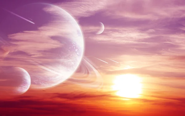 Collage Sonnenuntergang Einem Fremden Planeten — Stockfoto