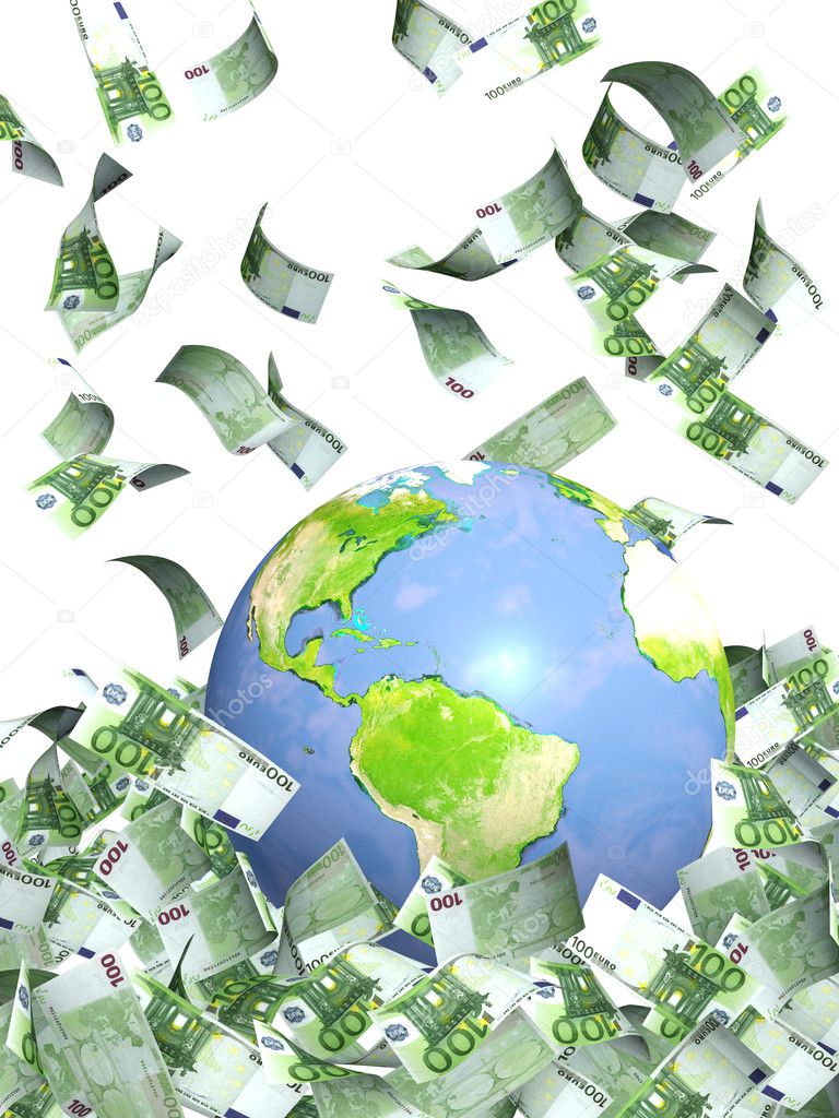 Earth and falling euro banknotes. Isolated over white