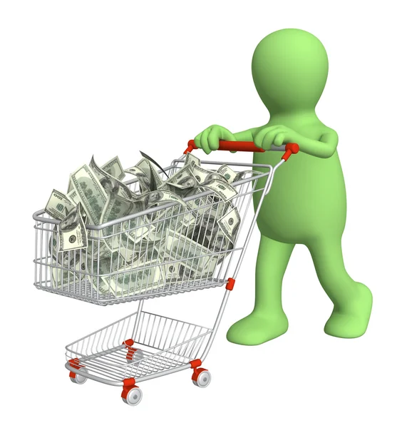 Puppet with shopping cart and dollars — Stock Photo, Image