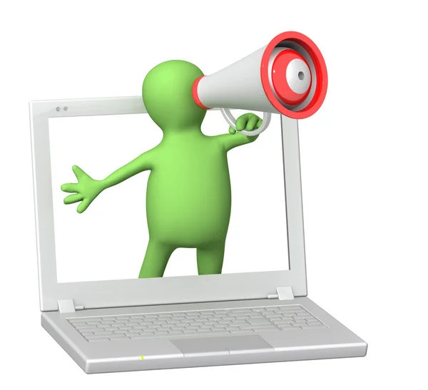 3d puppet with laptop and megaphone — Stock Photo, Image