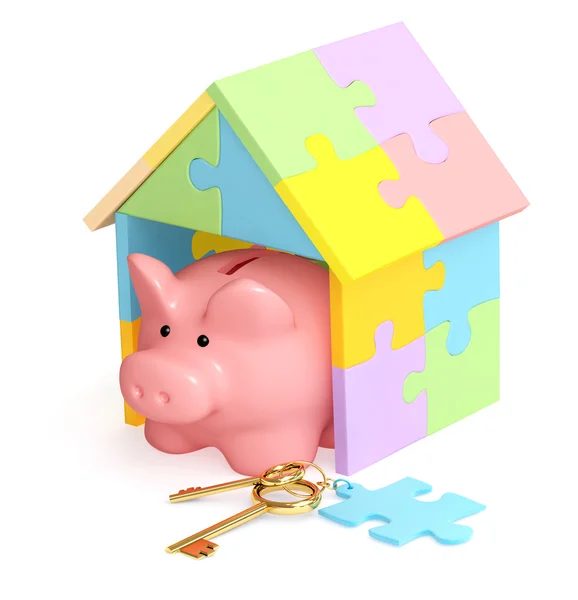 Свинка банк, дом и ключ — стоковое фото
