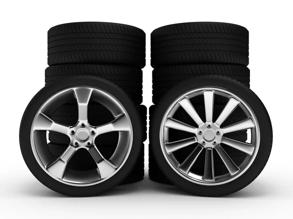 Verschiedene Räder mit Reifen — Stockfoto