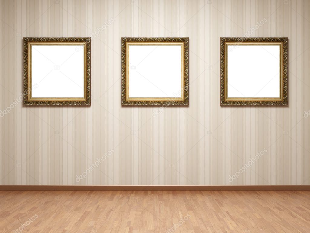Empty room with frames on striped wallpaper