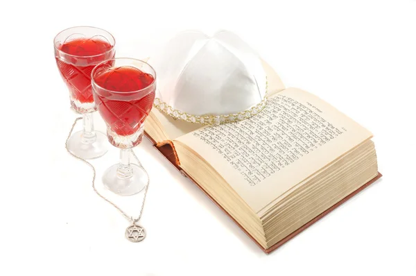 Jewish holiday still life with torah,wine glasses,david star and — Stock Photo, Image