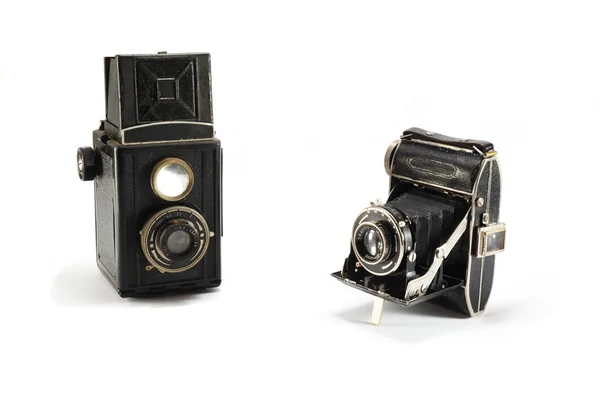 Two old film photo cameras on white background,isolated — Stock Photo, Image