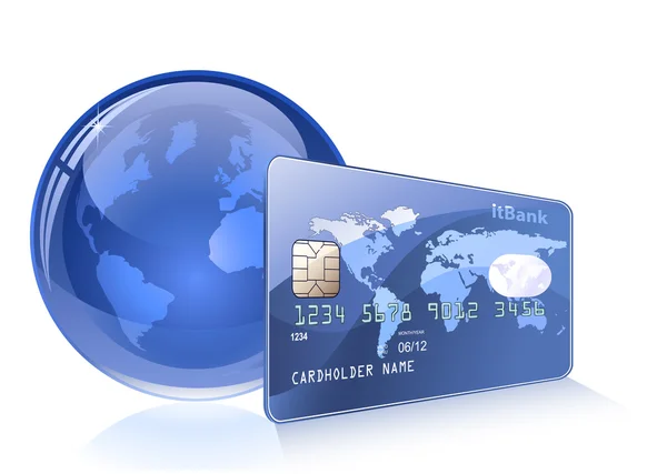 Creditcard met wereldkaart en globe — Stockvector
