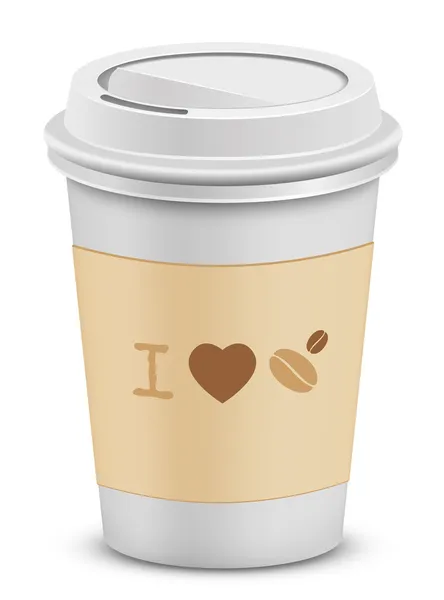 Ik hou van koffie. plastic koffie cups met deksel — Stockvector