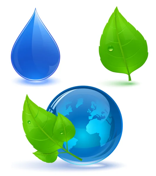 地球和绿色的树叶与滴水 — 图库矢量图片