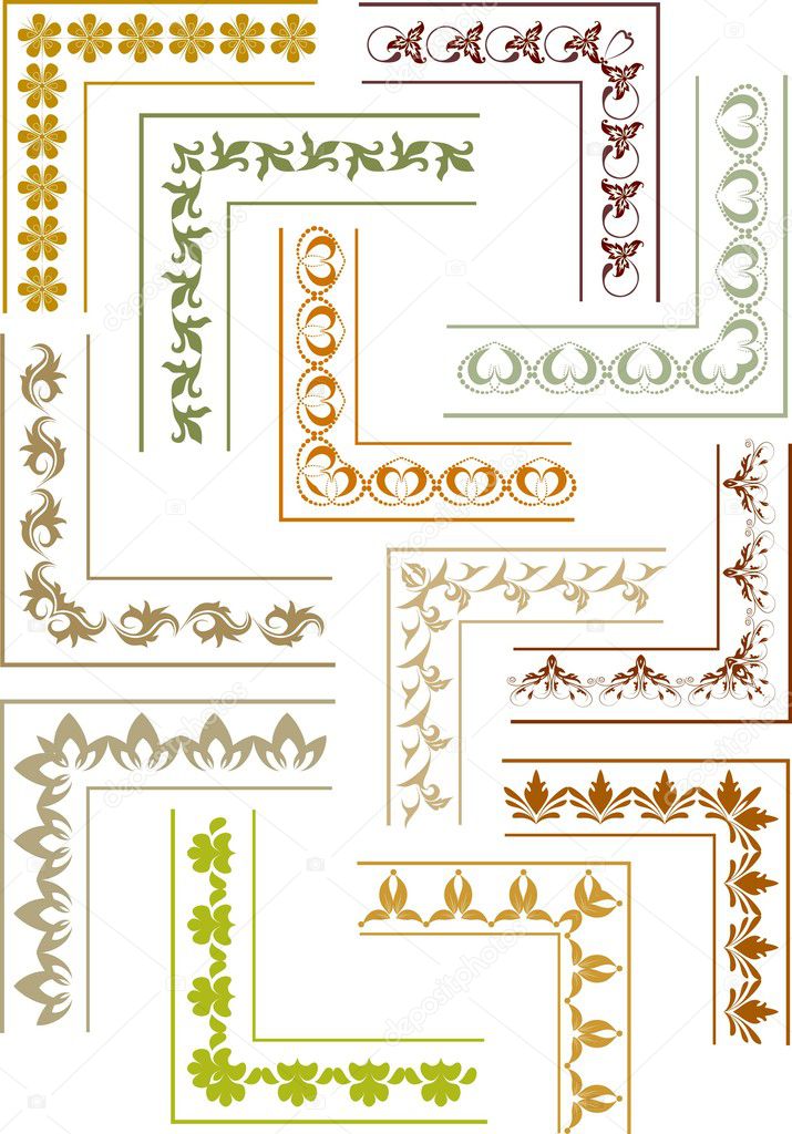 Set of ten corner elements for frames in floral style