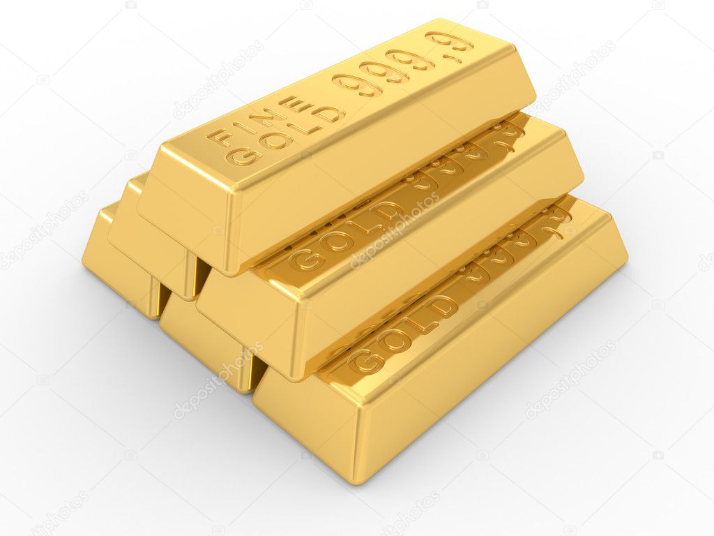 The gold ingots on a white background