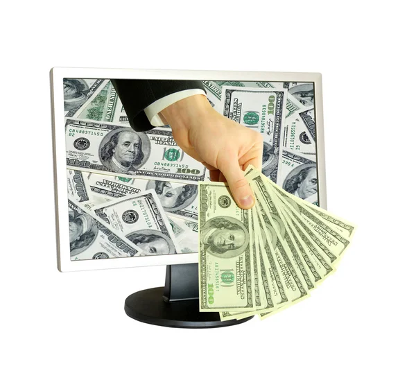 Hand Met Geld Computer Monitor Geïsoleerd Witte Achtergrond — Stockfoto