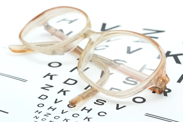 Glasses with eye chart isolated on white — Stock Photo, Image