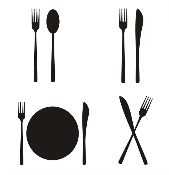 皿、フォーク、ナイフ、スプーンのシルエットとアイコン — ストックベクタ