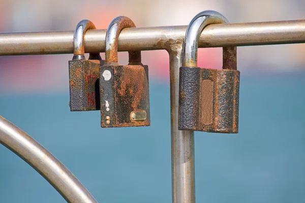 Three Trapped Metal Old Rusty Lock Hang — Stock Photo, Image