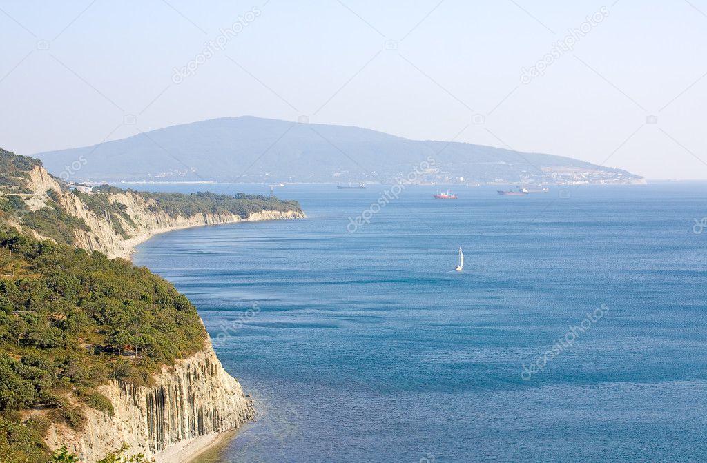 View of Black Sea and rocky coast near Novorossiysk, Russia.
