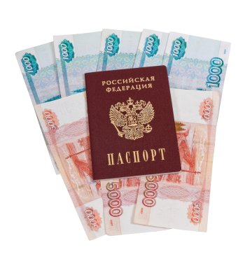 Russian passport on the batch of bills clipart