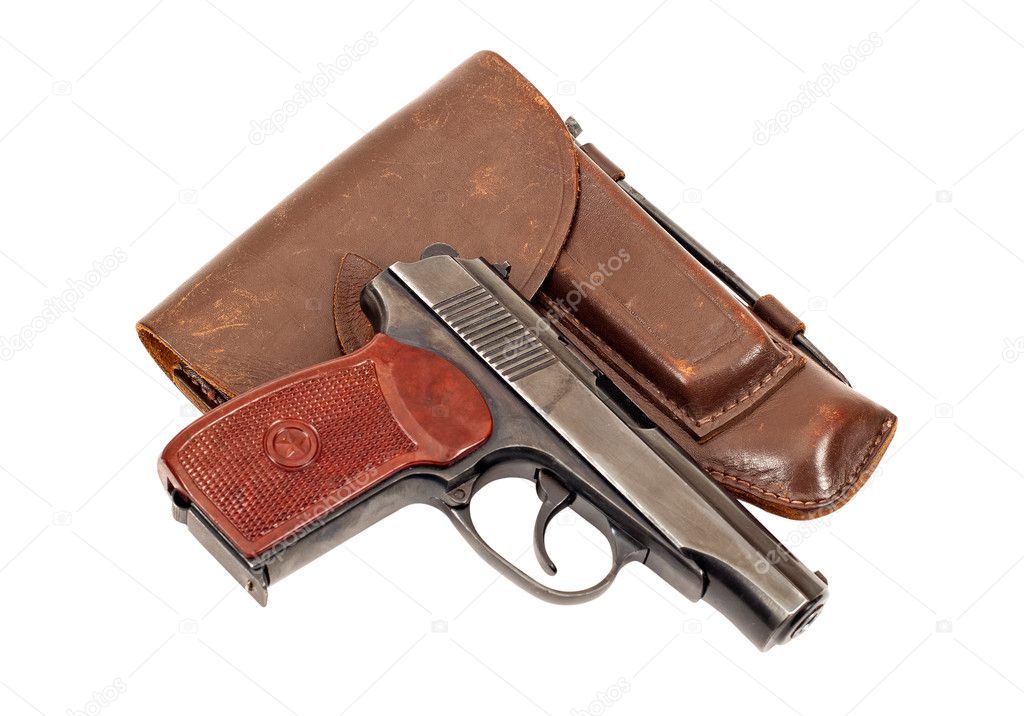 Russian handgun and holster on white background