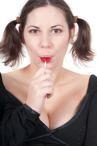 Portrait Pretty Woman Black Dress Eating Candy Isolated White — Stock Photo, Image