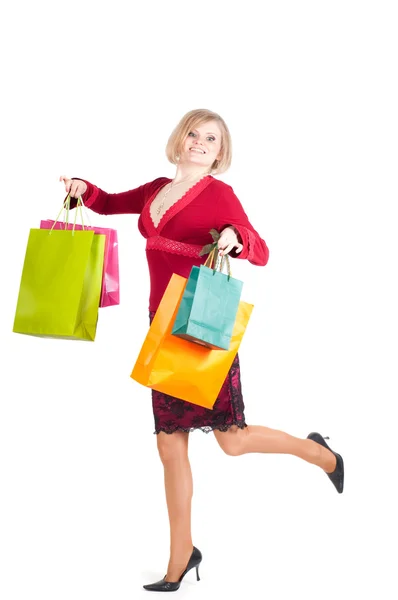 Schöne Frau Mit Einkaufstaschen Isoliert Auf Weiß — Stockfoto
