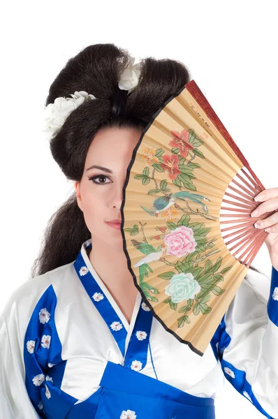 Portrét Dívky Asijského Vzhledu Make Pod Gejša Bílém Pozadí — Stock fotografie