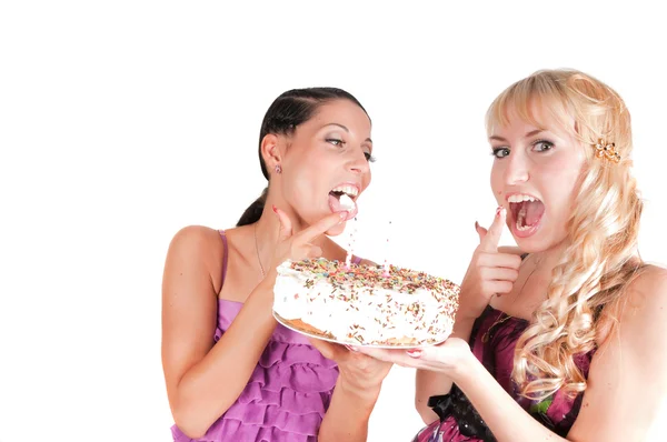 Party theme: girls with cake — Stock Photo, Image