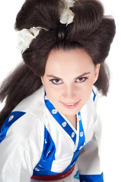Portrait Girl Asian Appearance Make Geisha White Background — Stock Photo, Image