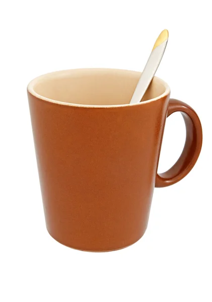 Kaffeetasse Mit Einem Löffel Auf Weißem Hintergrund — Stockfoto