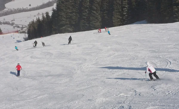 Les skieurs skient dans une station de ski — Photo