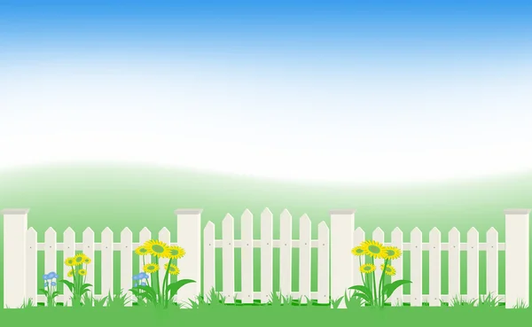 stock vector Grass and fence under blue sky.