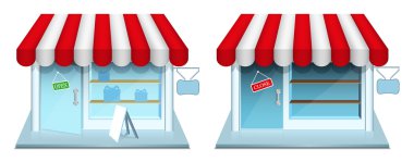 Shop with closed and open door. Vector Icons. clipart