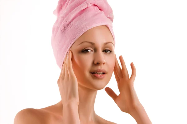 Woman with a towel on his head — Stock Photo, Image