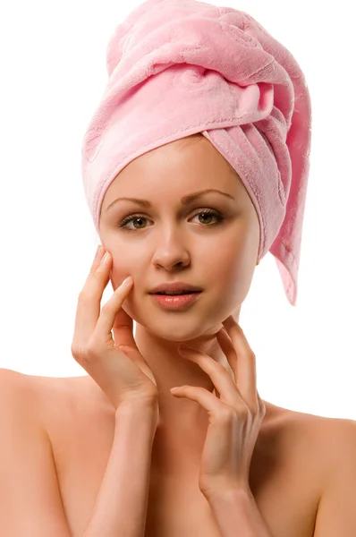 Young woman with a towel on his head — Stock Photo, Image