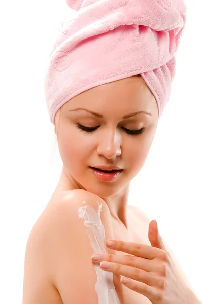Young woman with a towel on his head — Stock Photo, Image