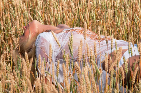 Femme dans un champ de blé — Photo