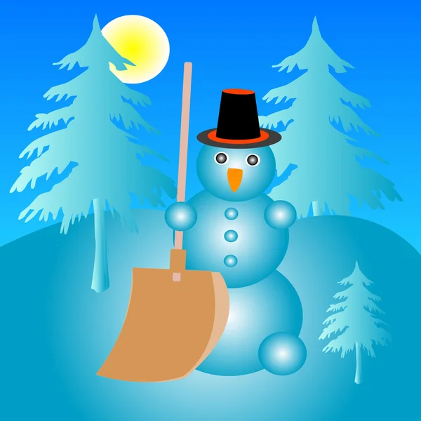 Снеговик в шляпе и с лопатой в дереве — стоковый вектор