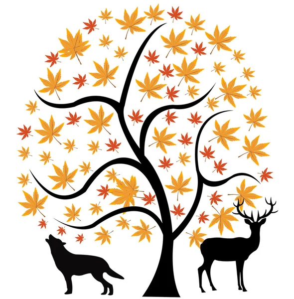 秋天一棵树和根据他的野兽 — 图库矢量图片