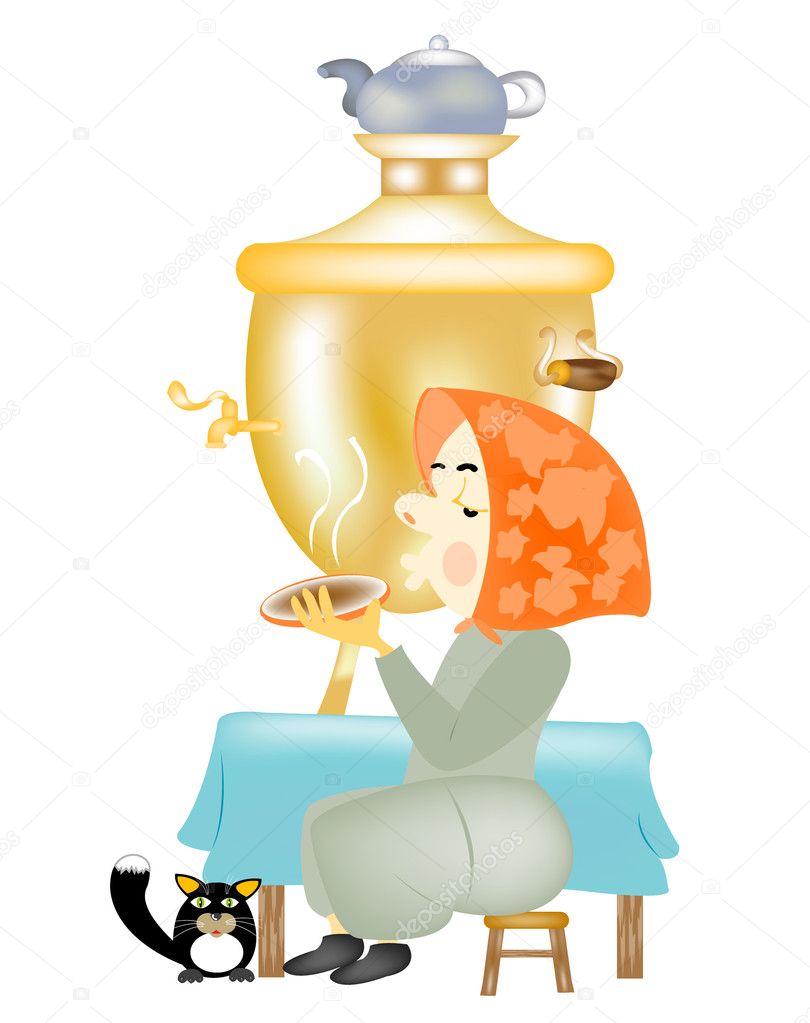 Old woman in kerchief beside samovar with saucer in hand