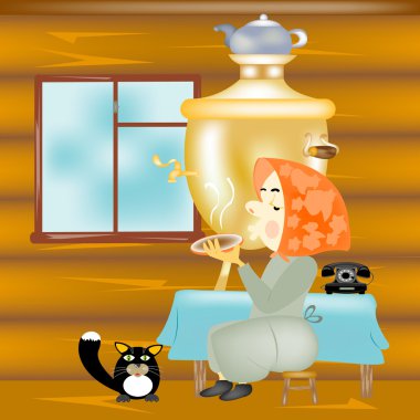 Elderly woman in farmhouses sits at the table clipart