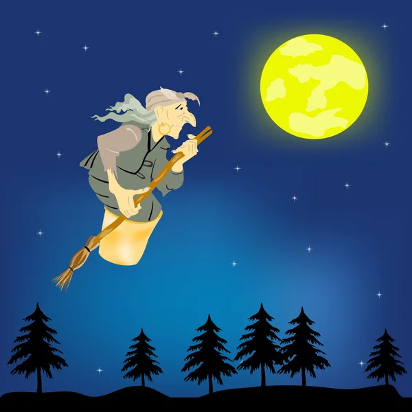 Mulher velha bruxa com vassoura voa no céu noturno — Vetor de Stock
