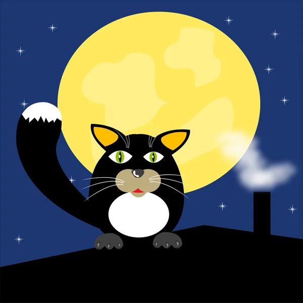 Black Cat Roof Moon Night — Stock Vector