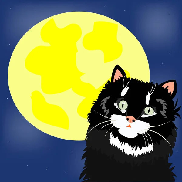 Kara kedi ve ay — Stok Vektör