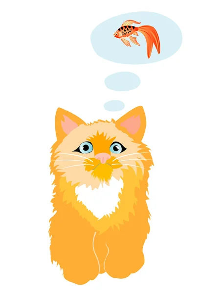 红发的小猫梦想的鱼 — 图库矢量图片