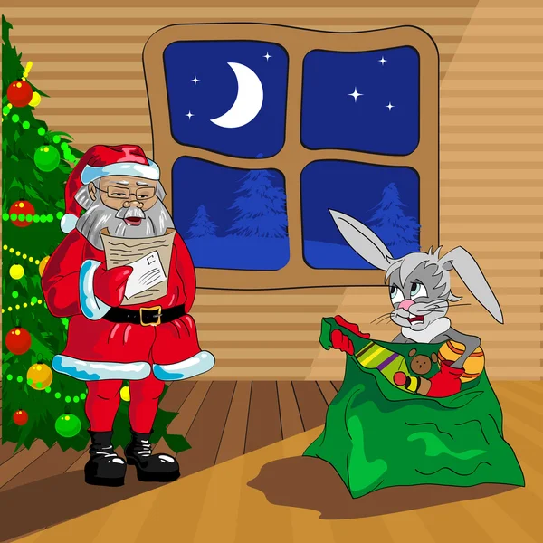 Santa claus i Boże Narodzenie królik z worek prezentów — Wektor stockowy