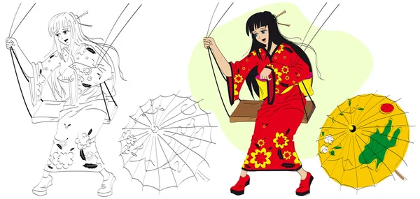 在秋千上的日本女孩 — 图库矢量图片