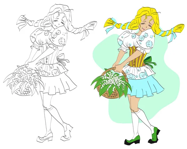 Menina Com Cesto Flores Ilustração Para Colorir Formato Vetorial Eps — Vetor de Stock
