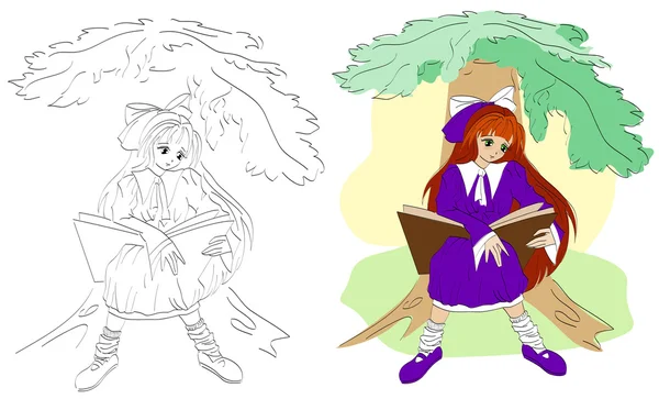 Anime Κορίτσι Ανάγνωση Ανοιχτό Βιβλίο Χρωματισμός Εικόνα Διανυσματική Μορφή Eps — Διανυσματικό Αρχείο