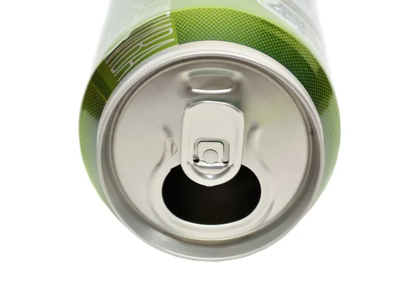 Geopende aluminium kan voor frisdrank of bier — Stockfoto