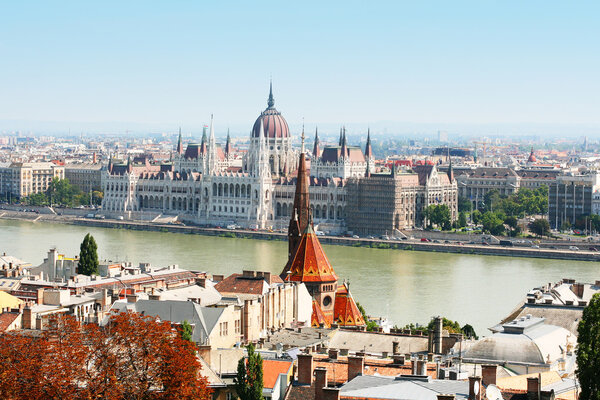 Panoramic view of Budapest including river Danube and roofs