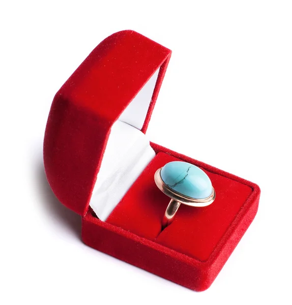 Ring with turquoise in red box — Stock Photo, Image