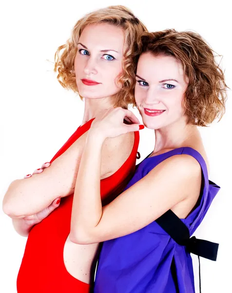 Beauty Sisters Bright Dress Isolated White — Stock Photo, Image